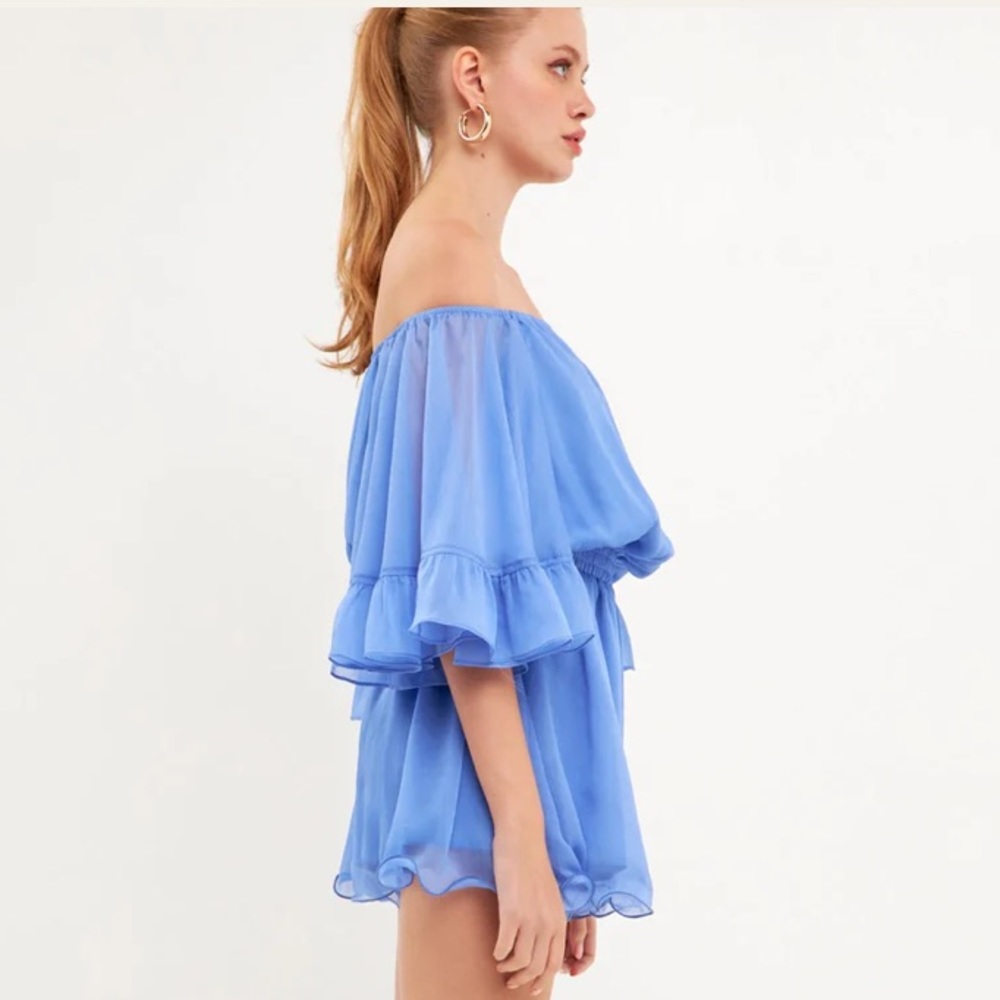 ENDLESS ROSE Yellow Off Shoulder Ruffle Shorts Romper - Picture 4 of 16